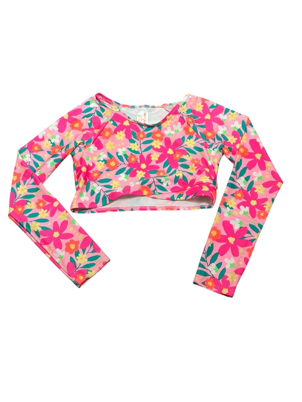 Cat & Jack Neon Pink Floral Long-Sleeve Swim Rashguard, Size YXL (14)